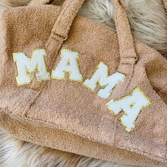 Tan Sherpa 'MAMA' Embroidered Duffle Tote Bag with Crossbody Strap - Picture 2 of 3